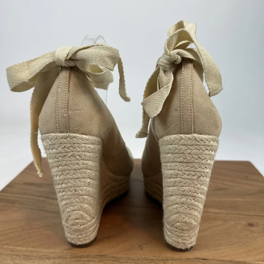 New Womens Jessica Simpson Zavida Beige Ankle Tie Platform Wedges Size 9.5 M‎